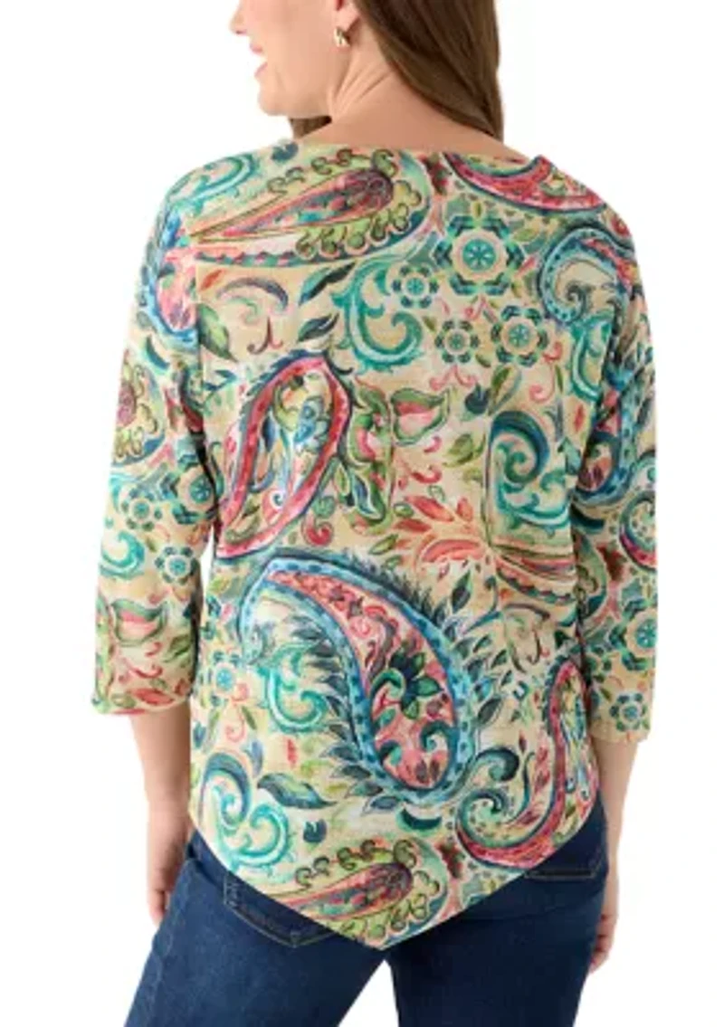 Petite Three-Quarter Sleeves Asymmetrical Hem Paisley Top
