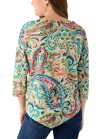 Petite Three-Quarter Sleeves Asymmetrical Hem Paisley Top