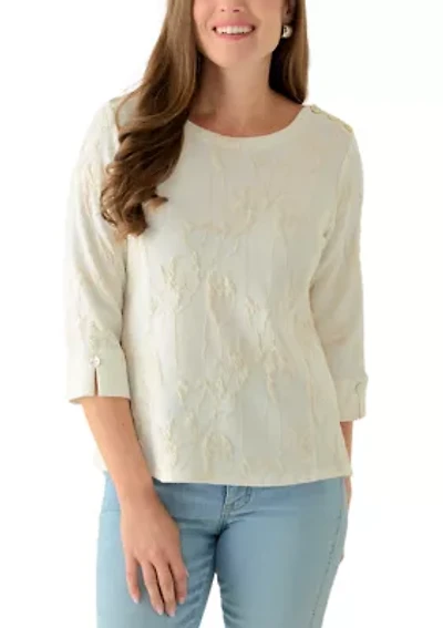 Petite Crew Neck Textured Floral Sweater