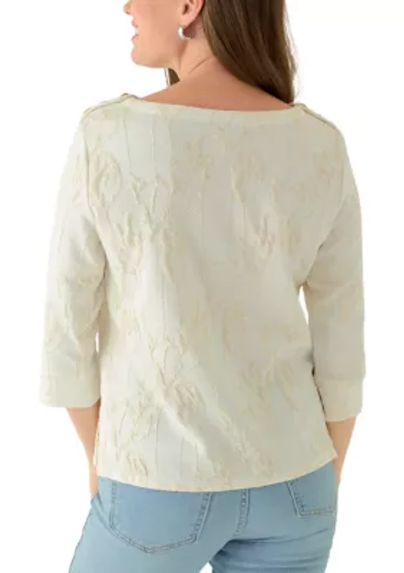 Petite Crew Neck Textured Floral Sweater