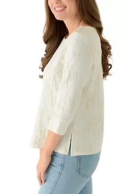 Petite Crew Neck Textured Floral Sweater