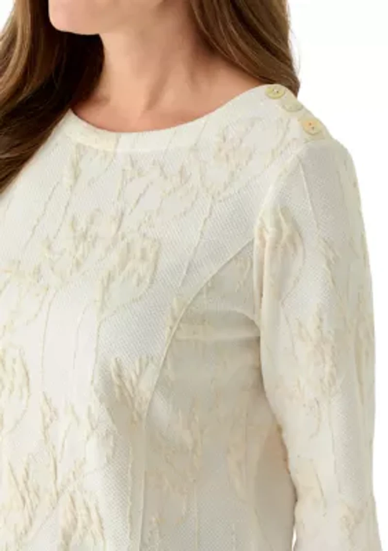 Petite Crew Neck Textured Floral Sweater