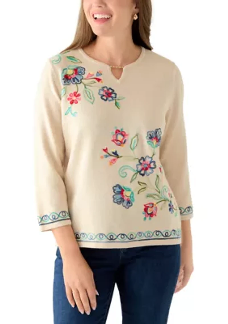 Petite Crew Neck Embroidered Top