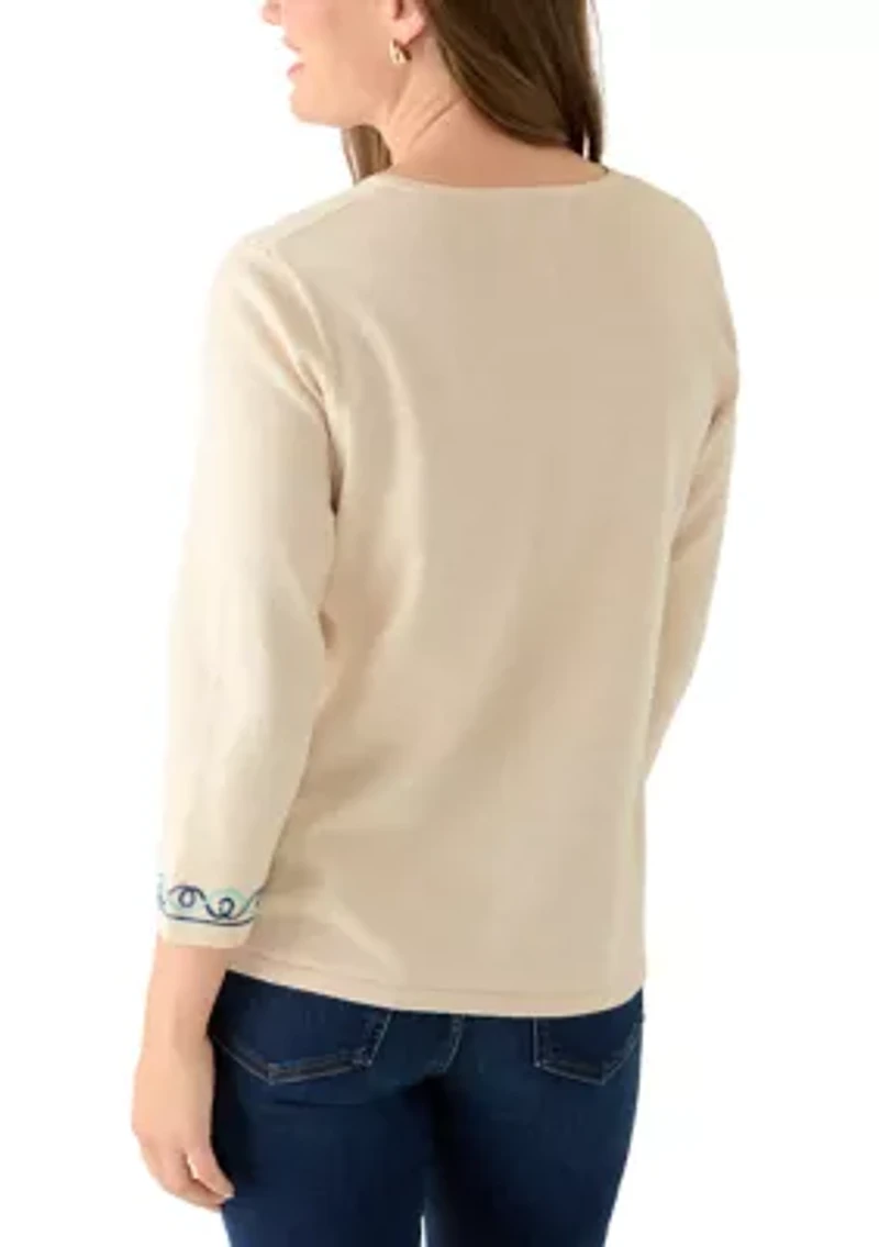 Petite Crew Neck Embroidered Top