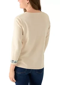 Petite Crew Neck Embroidered Top
