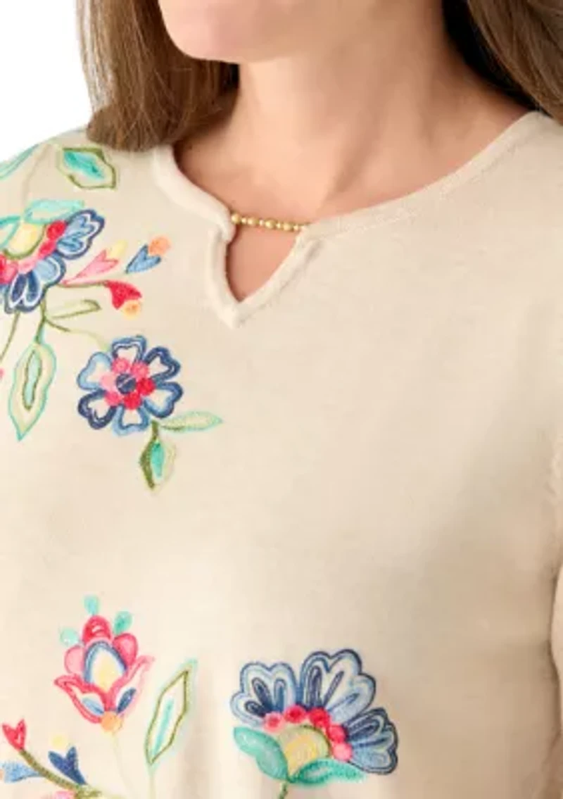 Petite Crew Neck Embroidered Top