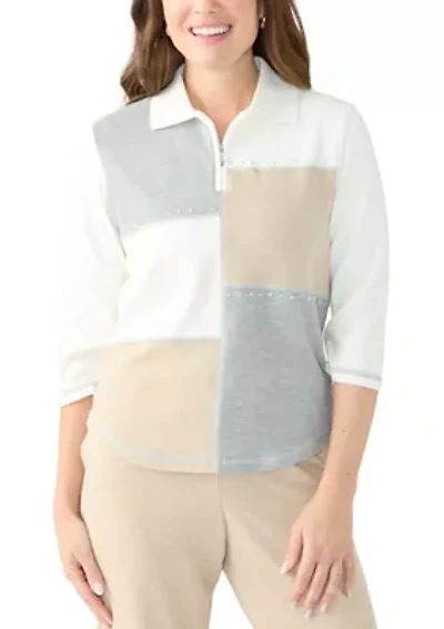 Petite Color Block Patchwork Collared Sweater