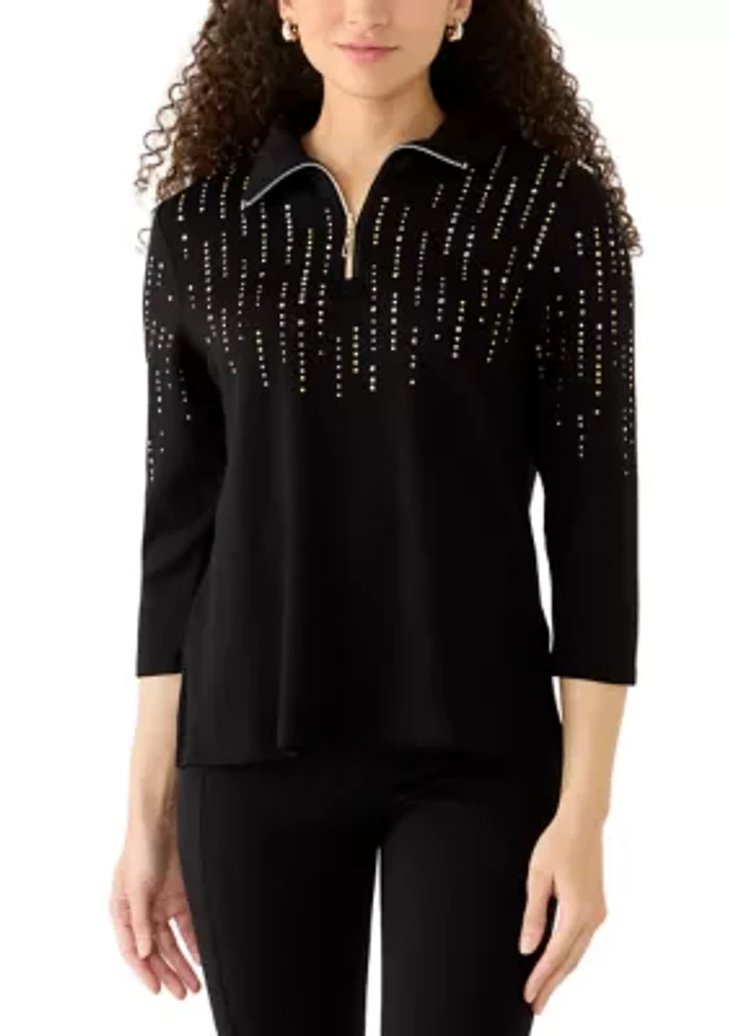 Petite Heat Set Rhinestone Collared Quarter-Zip Pullover