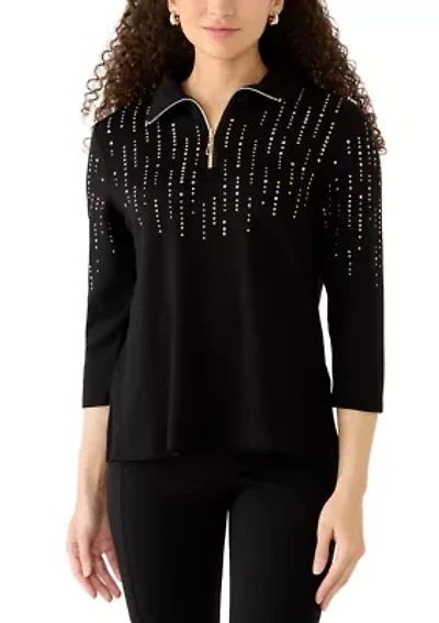 Petite Heat Set Rhinestone Collared Quarter-Zip Pullover
