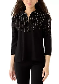 Petite Heat Set Rhinestone Collared Quarter-Zip Pullover
