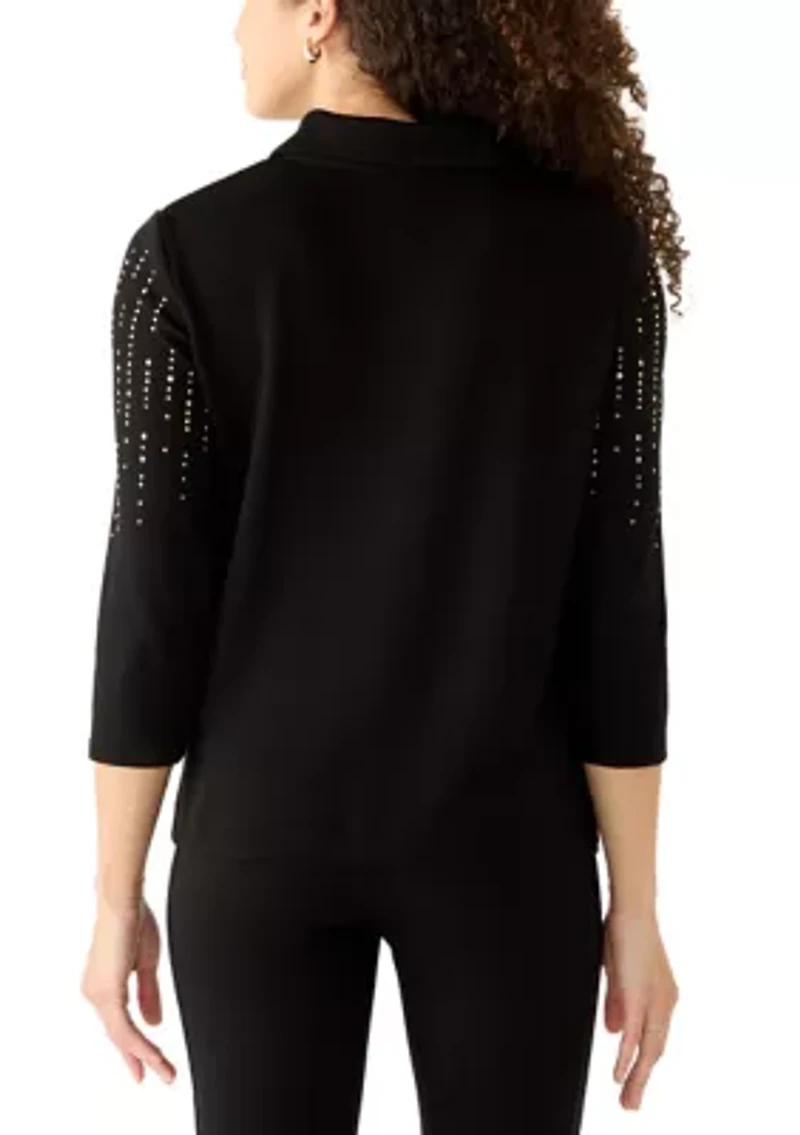 Petite Heat Set Rhinestone Collared Quarter-Zip Pullover