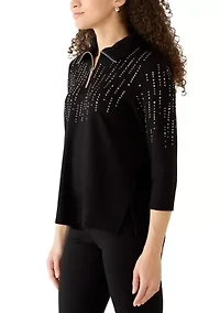 Petite Heat Set Rhinestone Collared Quarter-Zip Pullover