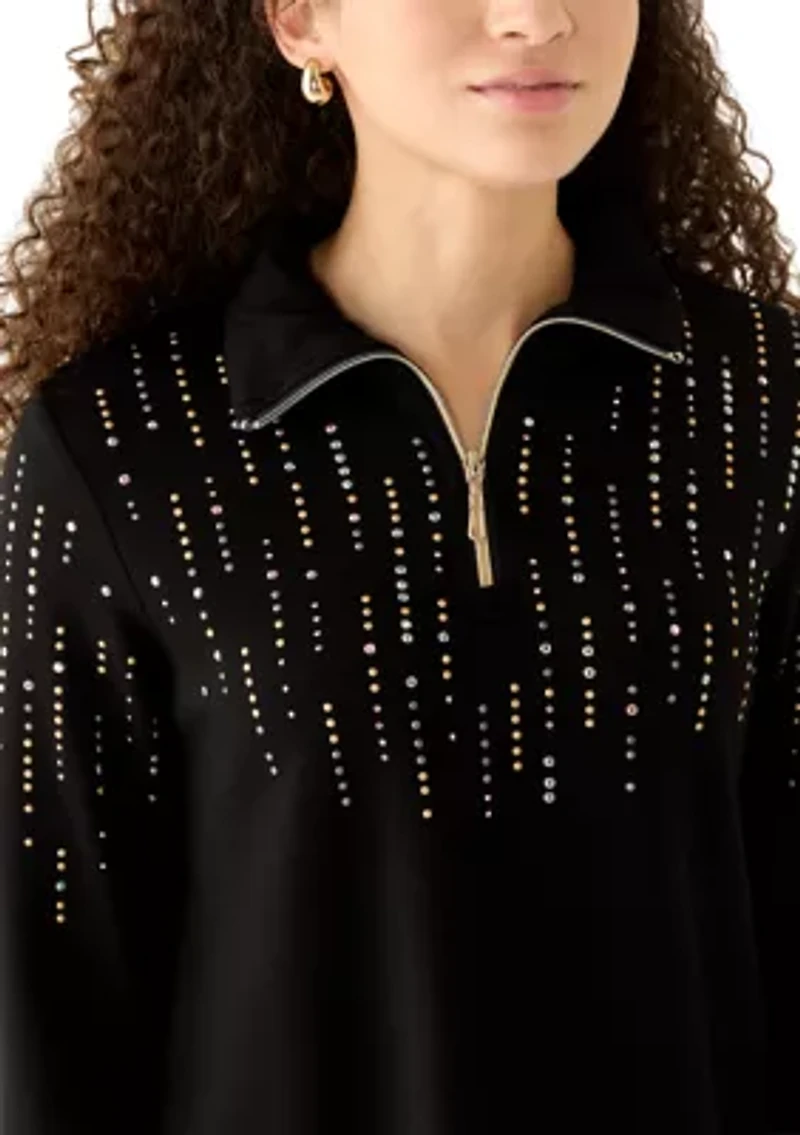 Petite Heat Set Rhinestone Collared Quarter-Zip Pullover