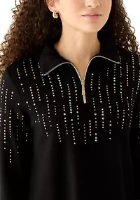 Petite Heat Set Rhinestone Collared Quarter-Zip Pullover