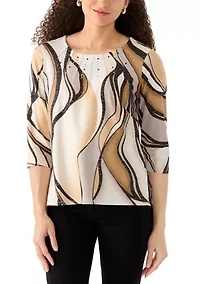 Petite Swirl Patch Print Top with Rhinestones