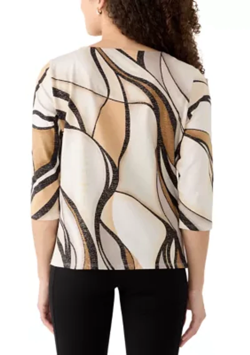 Petite Swirl Patch Print Top with Rhinestones