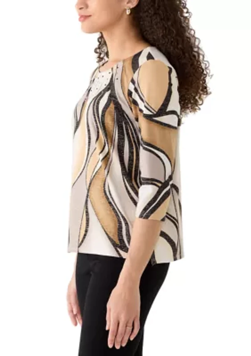 Petite Swirl Patch Print Top with Rhinestones