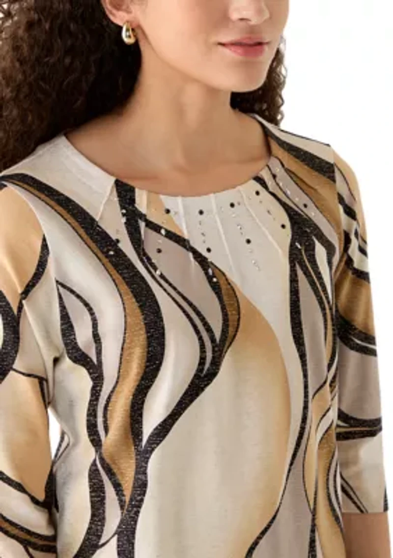 Petite Swirl Patch Print Top with Rhinestones