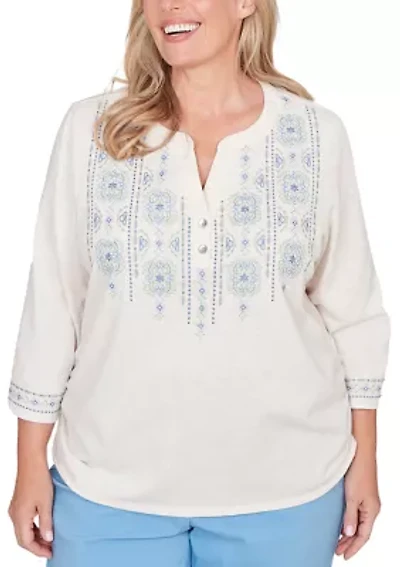 Plus St. Augustine Medallion Embroidered Yoke Knit Top