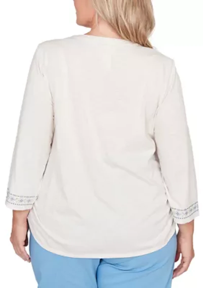 Plus St. Augustine Medallion Embroidered Yoke Knit Top