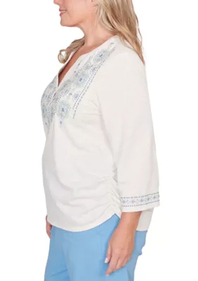 Plus St. Augustine Medallion Embroidered Yoke Knit Top