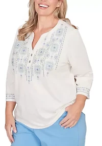 Plus St. Augustine Medallion Embroidered Yoke Knit Top