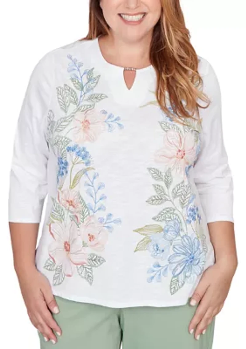 Plus St. Augustine Placed Floral Embroidery Knit Top