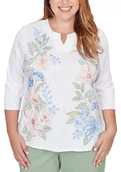 Plus St. Augustine Placed Floral Embroidery Knit Top