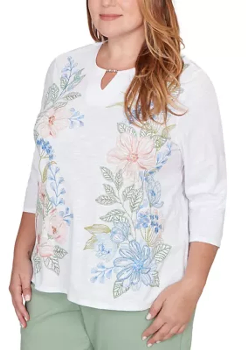 Plus St. Augustine Placed Floral Embroidery Knit Top
