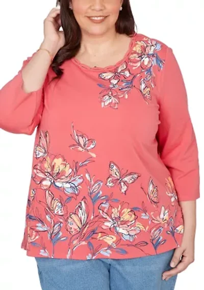 Plus Austin Asymmetric Etched Floral Top