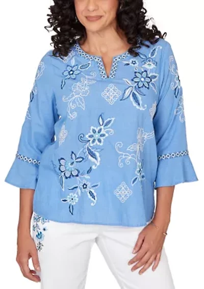 Women's Mykonos Floral Texture Embroidered Top