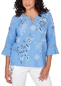 Women's Mykonos Floral Texture Embroidered Top