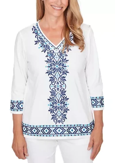 Women's Missy Mykonos Scroll Center Embroidery Top