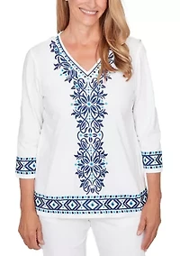 Women's Missy Mykonos Scroll Center Embroidery Top
