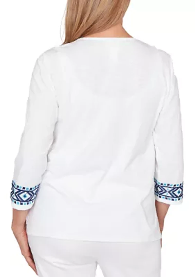 Women's Missy Mykonos Scroll Center Embroidery Top