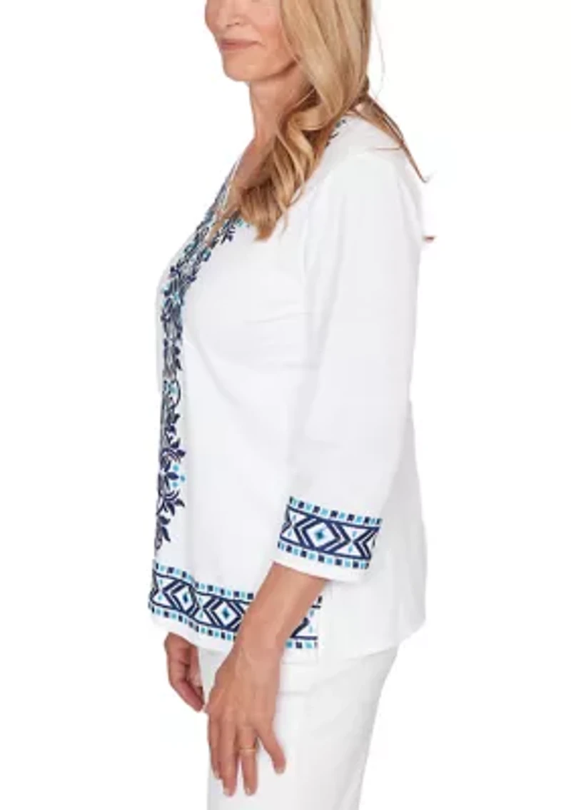 Women's Missy Mykonos Scroll Center Embroidery Top