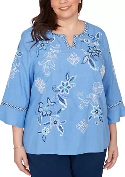 Plus Mykonos Floral Texture Embroidered Top