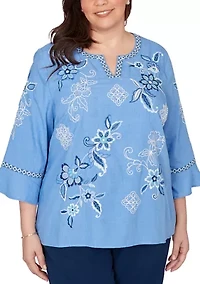 Plus Mykonos Floral Texture Embroidered Top