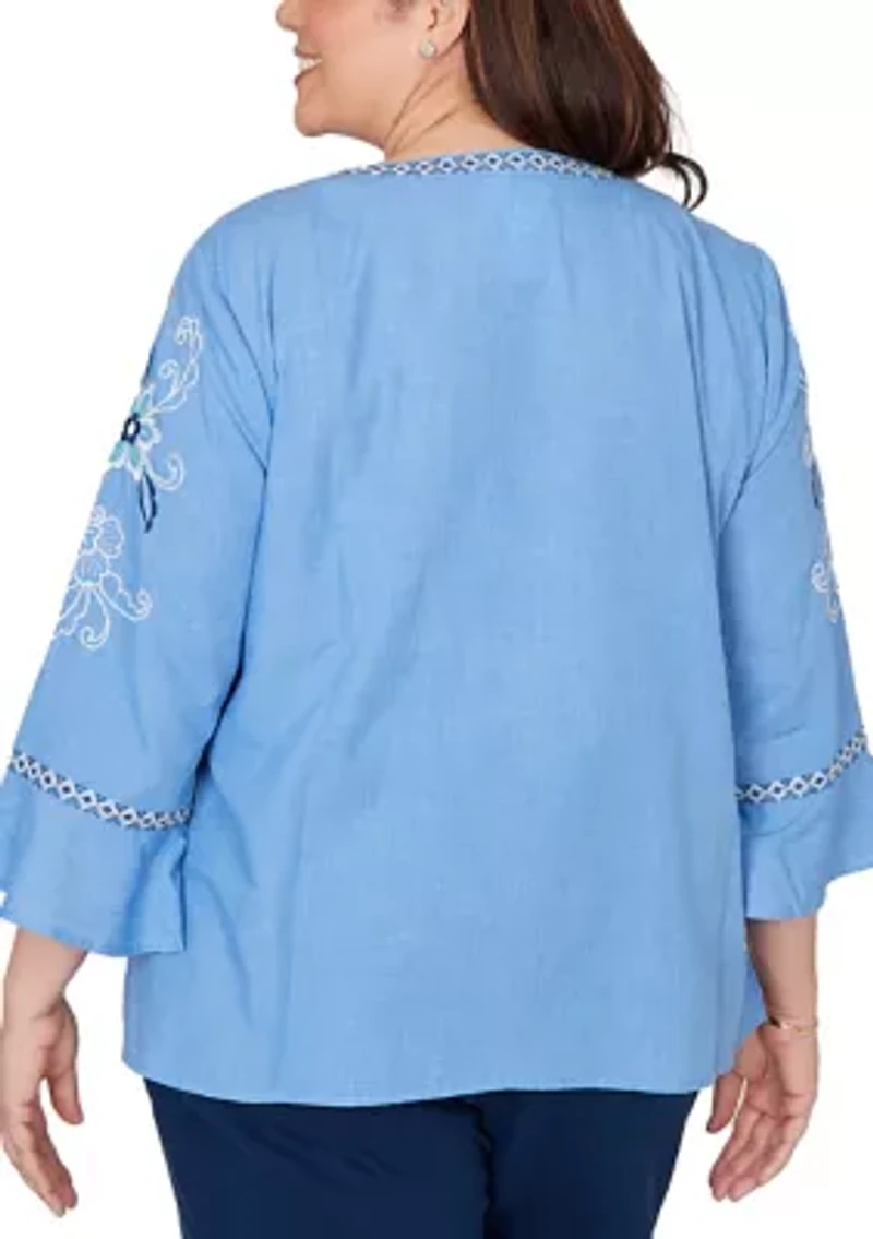 Plus Mykonos Floral Texture Embroidered Top