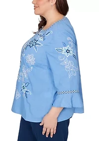 Plus Mykonos Floral Texture Embroidered Top