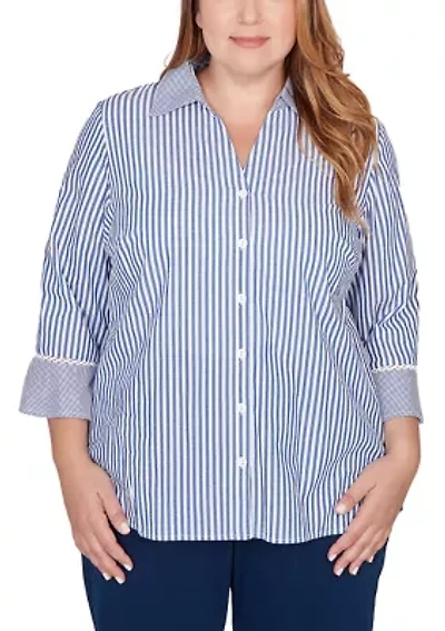 Plus Mykonos Mixed Stripe with Lace Trim Top