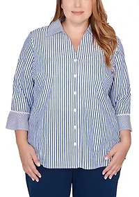 Plus Mykonos Mixed Stripe with Lace Trim Top