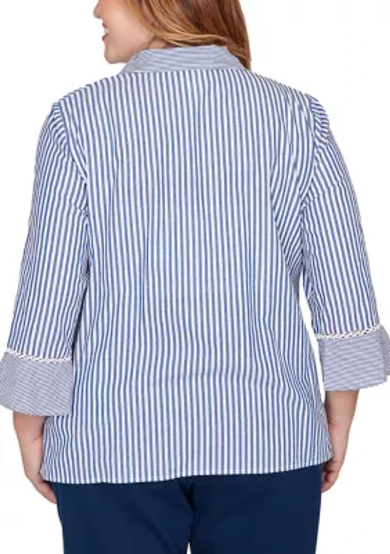 Plus Mykonos Mixed Stripe with Lace Trim Top