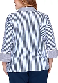 Plus Mykonos Mixed Stripe with Lace Trim Top