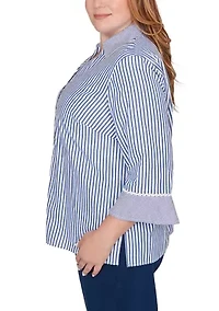 Plus Mykonos Mixed Stripe with Lace Trim Top