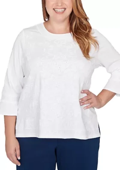 Plus Mykonos White On Medallion Embroidery Top