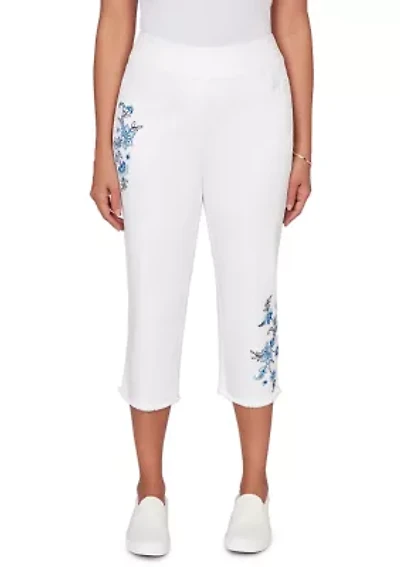 Petite Mykonos Floral Embroidered Fringe Capri Pants
