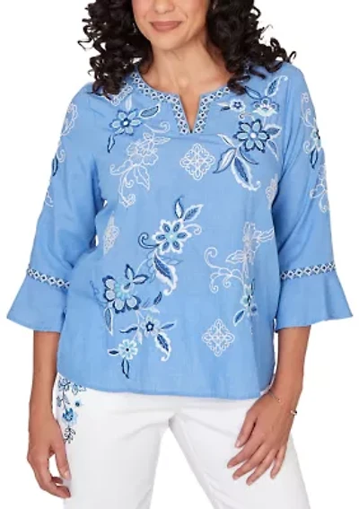 Petite Mykonos Floral Texture Embroidered Top