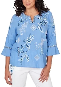 Petite Mykonos Floral Texture Embroidered Top