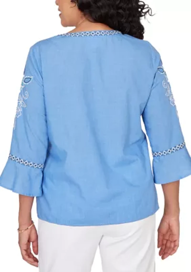 Petite Mykonos Floral Texture Embroidered Top